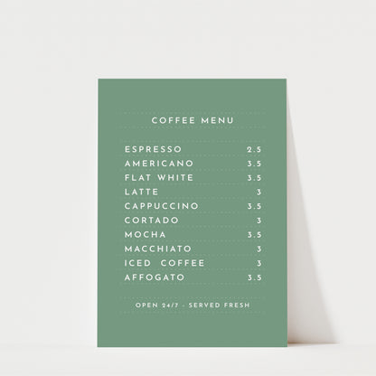 a green coffee menu board with a list of coffee drinks and their prices.