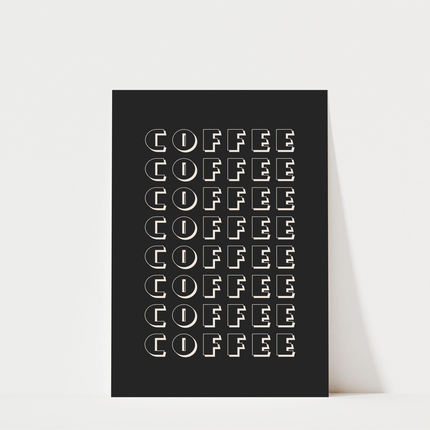 a repeating pattern of the word "COFFEE" in a bold, sans-serif font against a black background.
