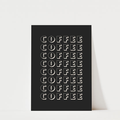 a repeating pattern of the word "COFFEE" in a bold, sans-serif font against a black background.