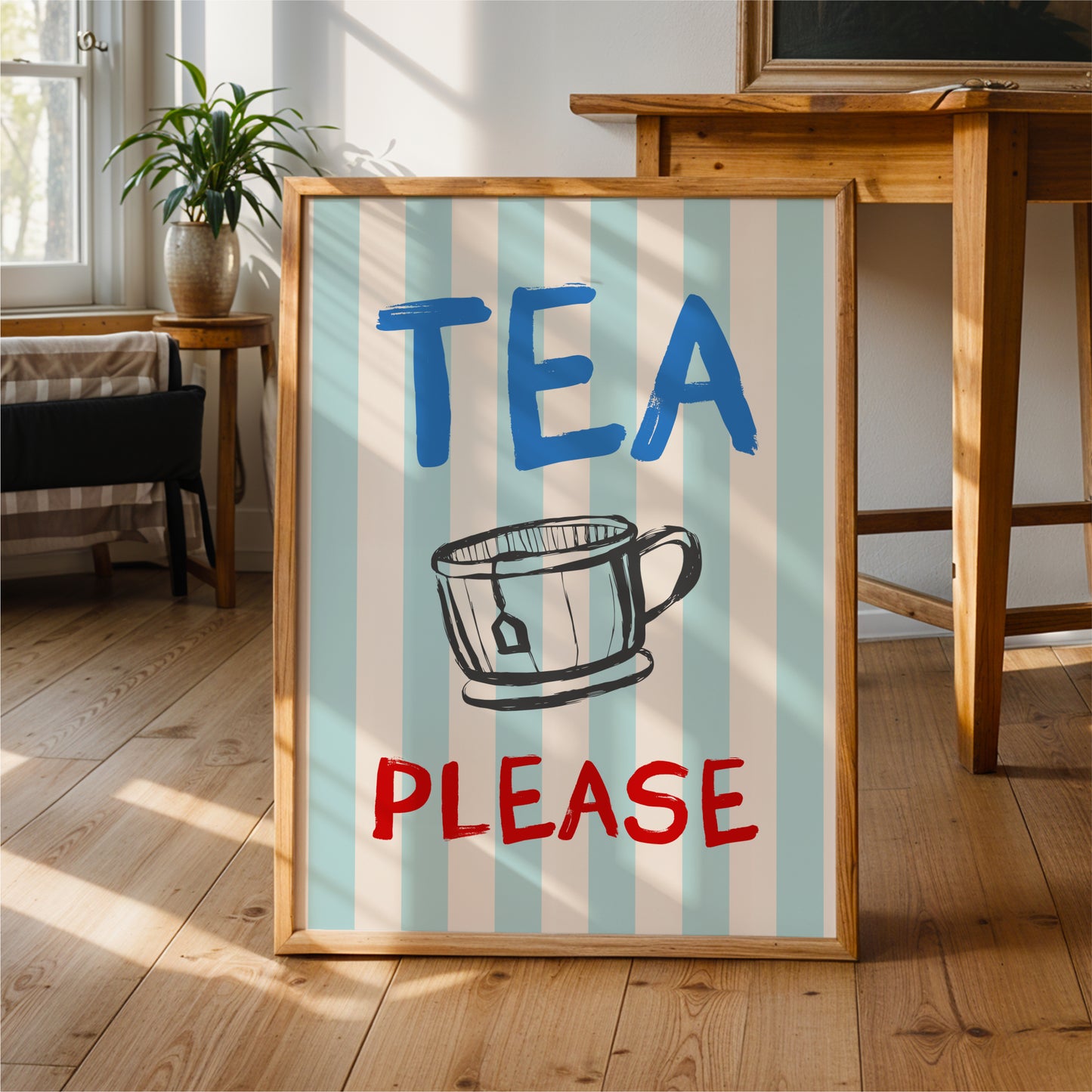 A framed sign with the text "TEA PLEASE" and an illustration of a cup of tea.