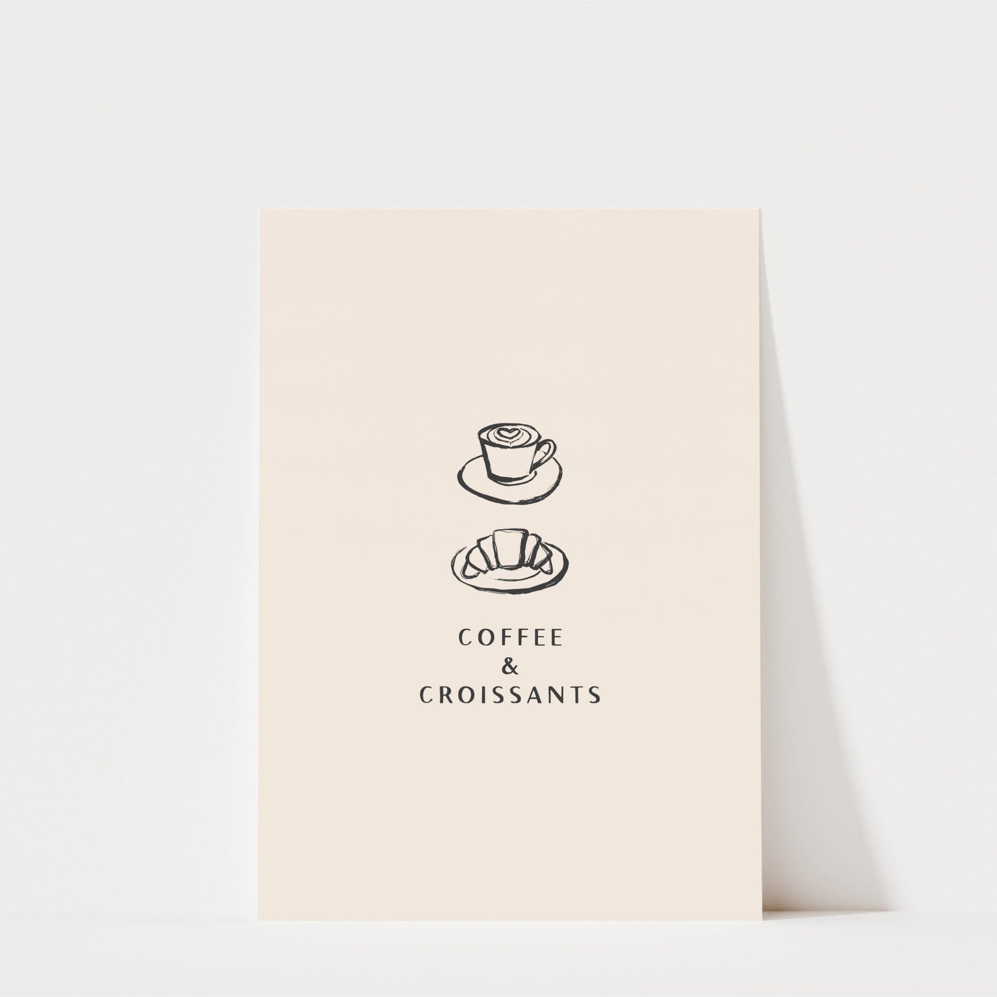 a simple illustration of a coffee cup and croissant on a light-colored background, accompanied by the text "COFFEE & CROISANTS".