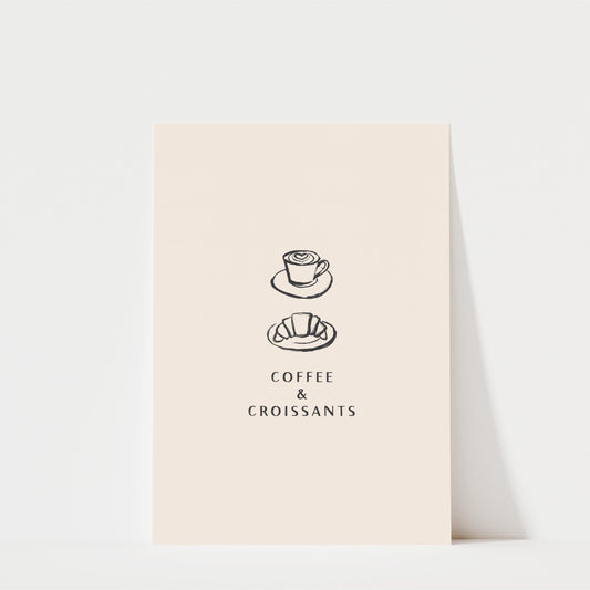 a simple illustration of a coffee cup and croissant on a light-colored background, accompanied by the text "COFFEE & CROISANTS".