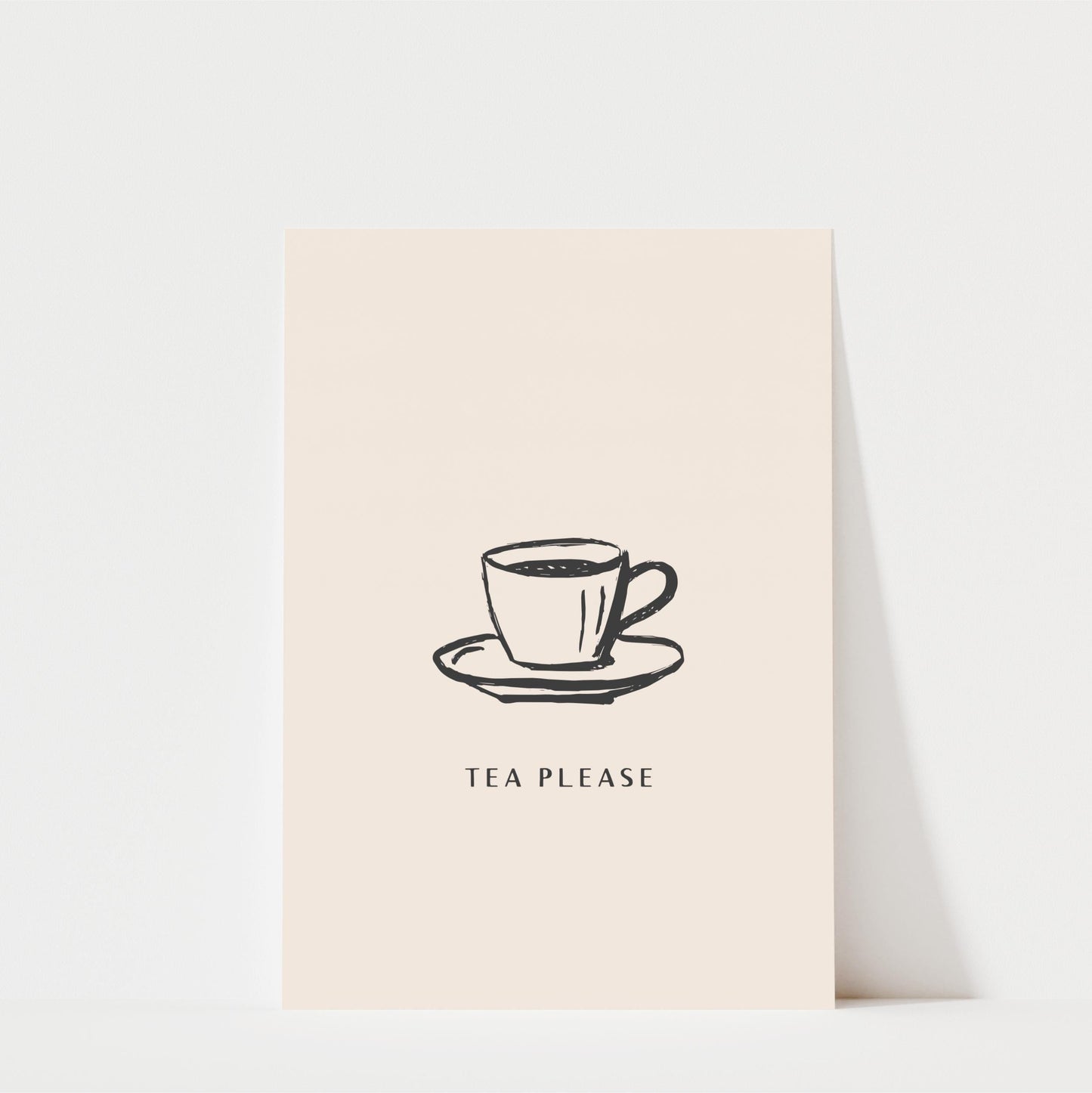 A simple illustration of a cup of tea on a saucer with the text "TEA PLEASE" below it.