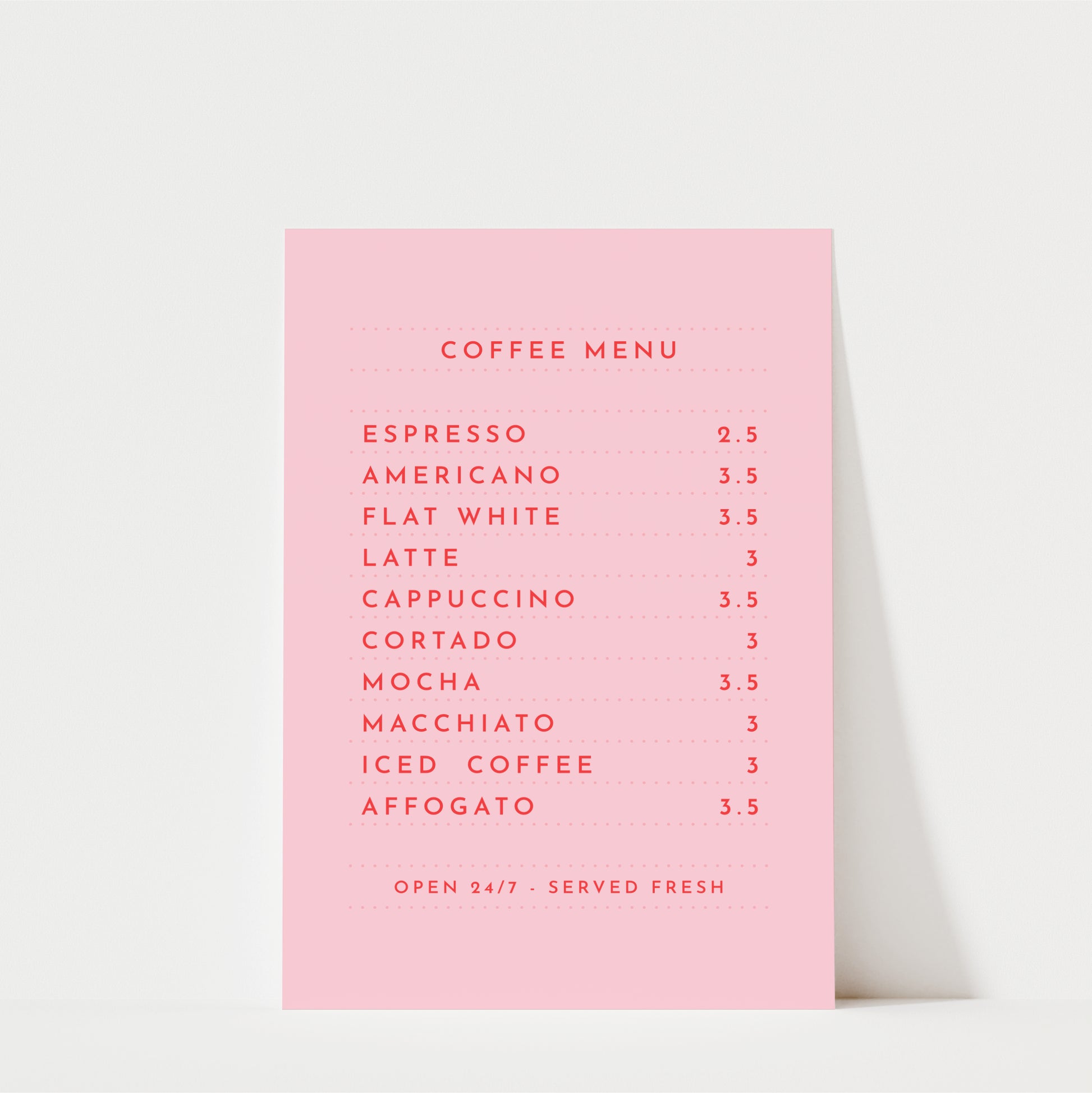 a pink coffee menu card with a list of coffee drinks and their prices.