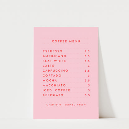 a pink coffee menu card with a list of coffee drinks and their prices.