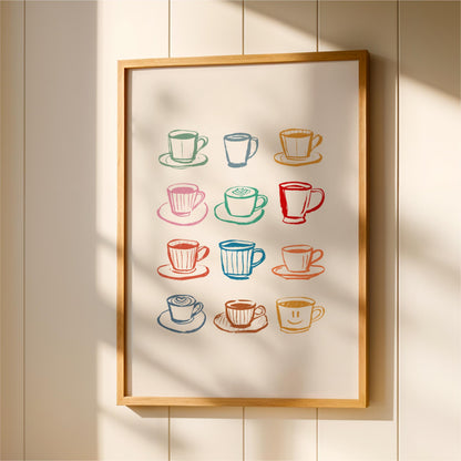 a framed collage of twelve colorful coffee cups and saucers, each with unique designs and patterns.