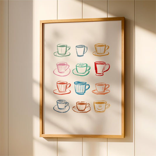 a framed collage of twelve colorful coffee cups and saucers, each with unique designs and patterns.
