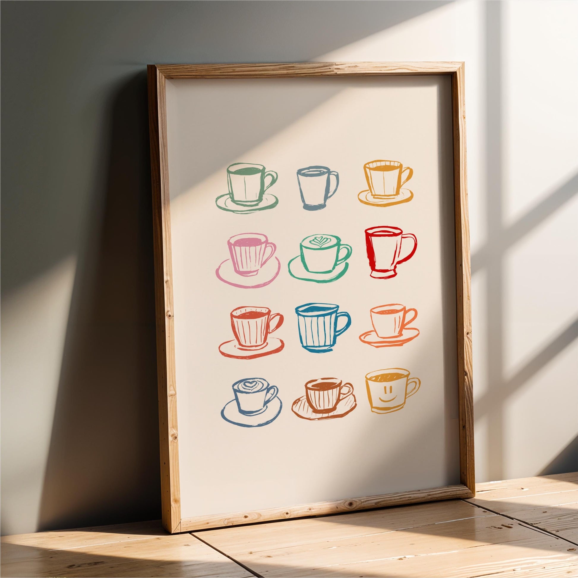 a framed poster with a grid of colorful coffee cups and saucers, arranged in a visually appealing layout.