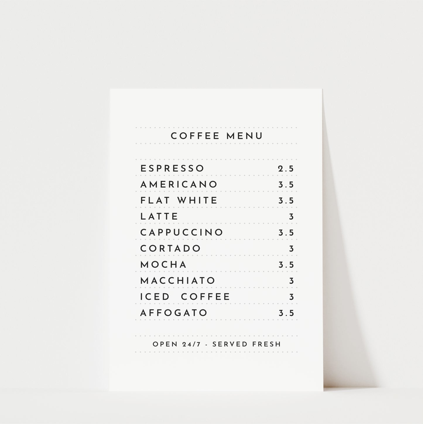 a coffee menu with a list of various coffee drinks and their prices.