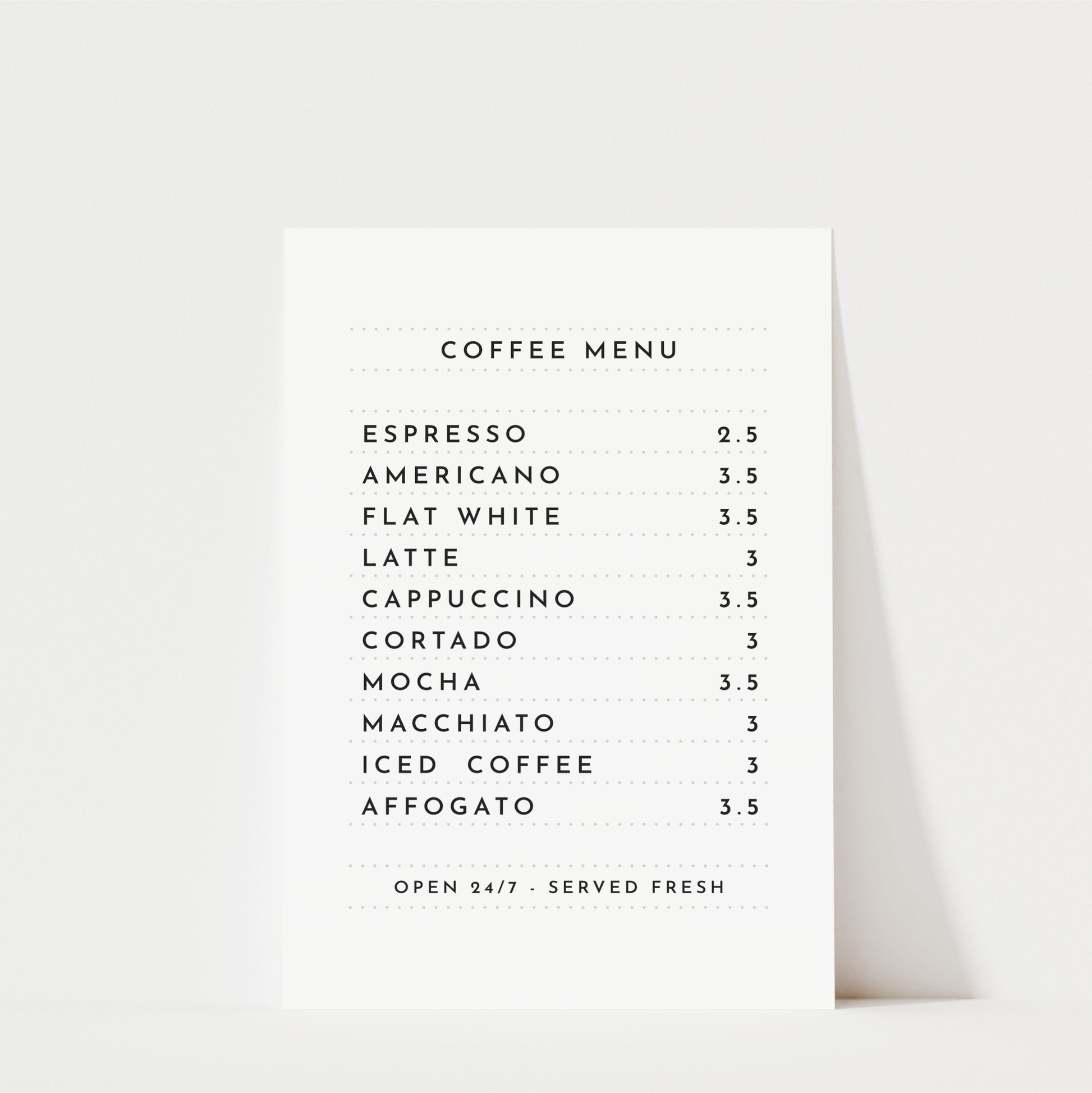 a coffee menu with a list of various coffee drinks and their prices.