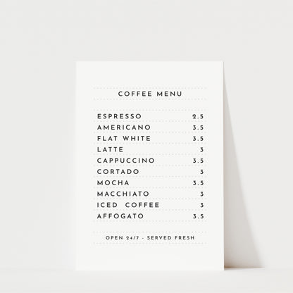 a coffee menu with a list of various coffee drinks and their prices.
