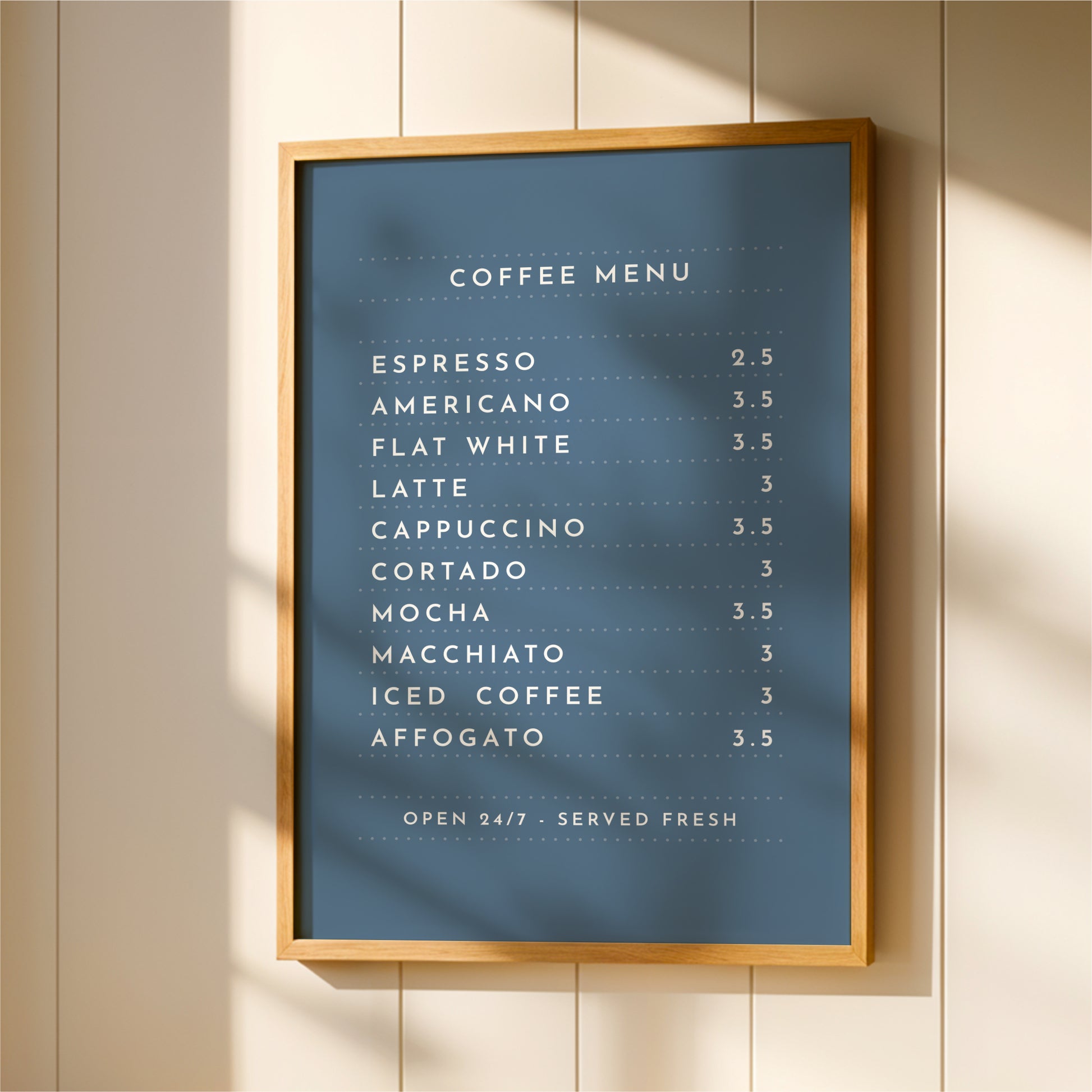 a blue menu board with white text, hanging on a wall.