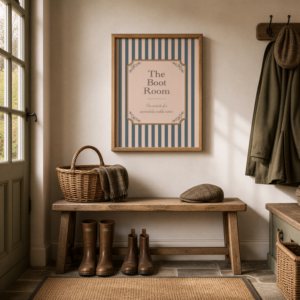 a cozy entryway with a wooden bench, a wicker basket, and a pair of boots. Above the bench, there is a framed sign that reads "The Boot Room".