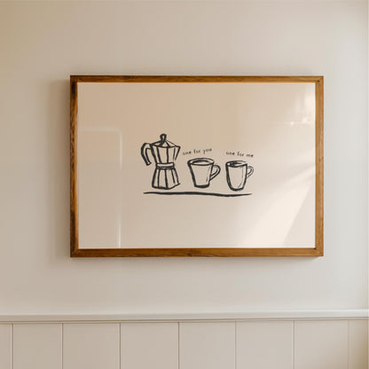 a framed artwork hanging on a wall, depicting a coffee maker and two cups.