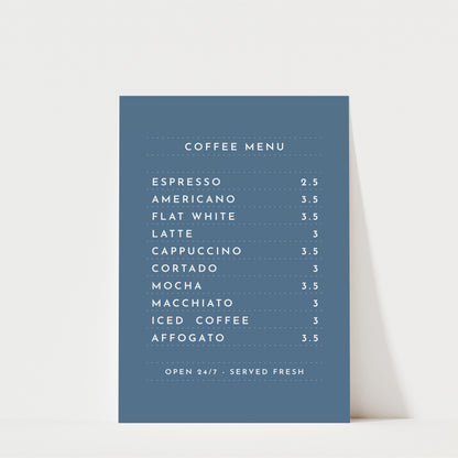 a blue coffee menu board with a list of coffee drinks and their prices.