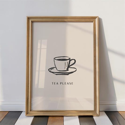 A framed print with a simple illustration of a cup of tea on a saucer, accompanied by the text "TEA PLEASE" in a bold, capitalized font.