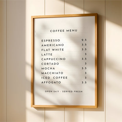 a coffee menu hanging on a wall, providing a list of various coffee drinks and their prices.